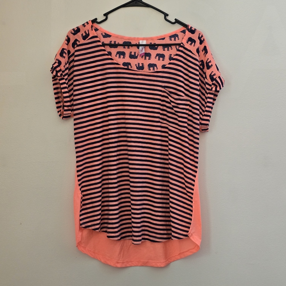 NoBo Women's XL Pink Striped Elephant Print Tee